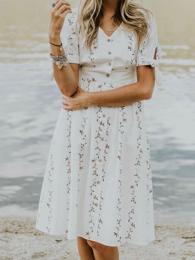 Domeka™ | Vestido Festivo Floral De Algodón y Lino