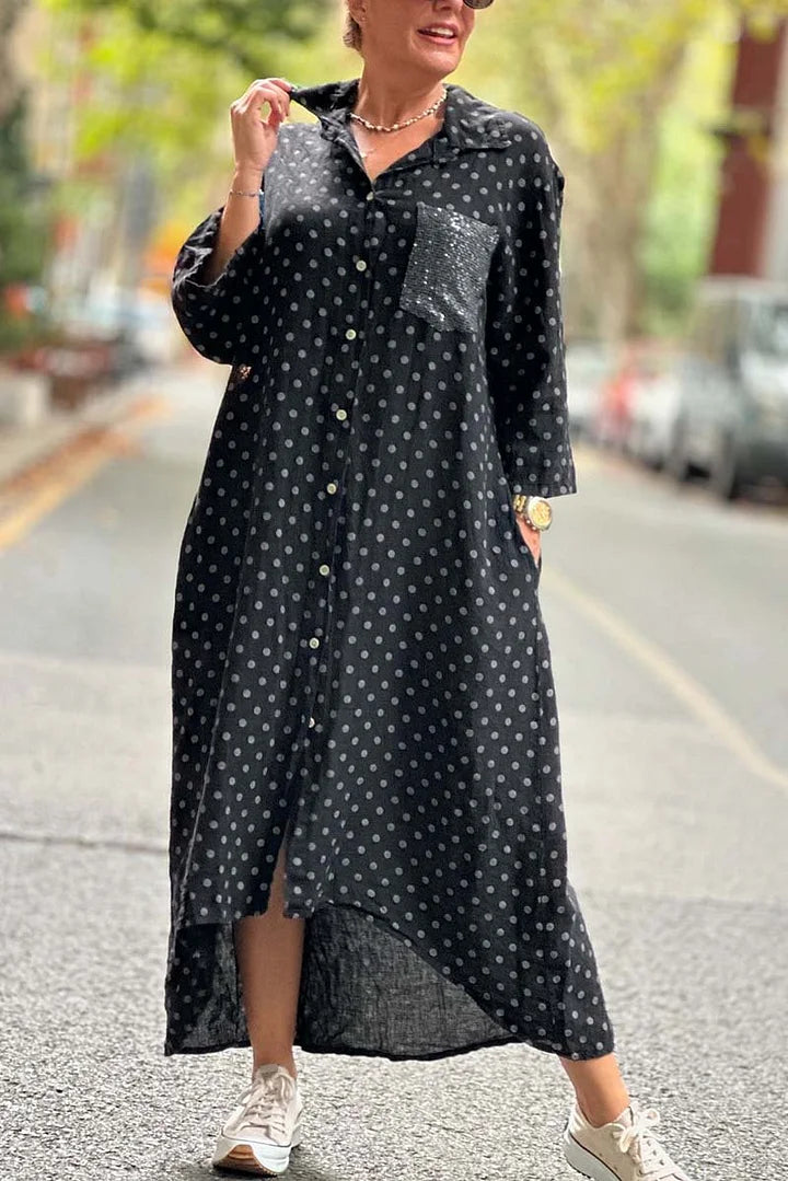 Alejandria™ | Vestido camisero con lentejuelas y patchwork de lunares