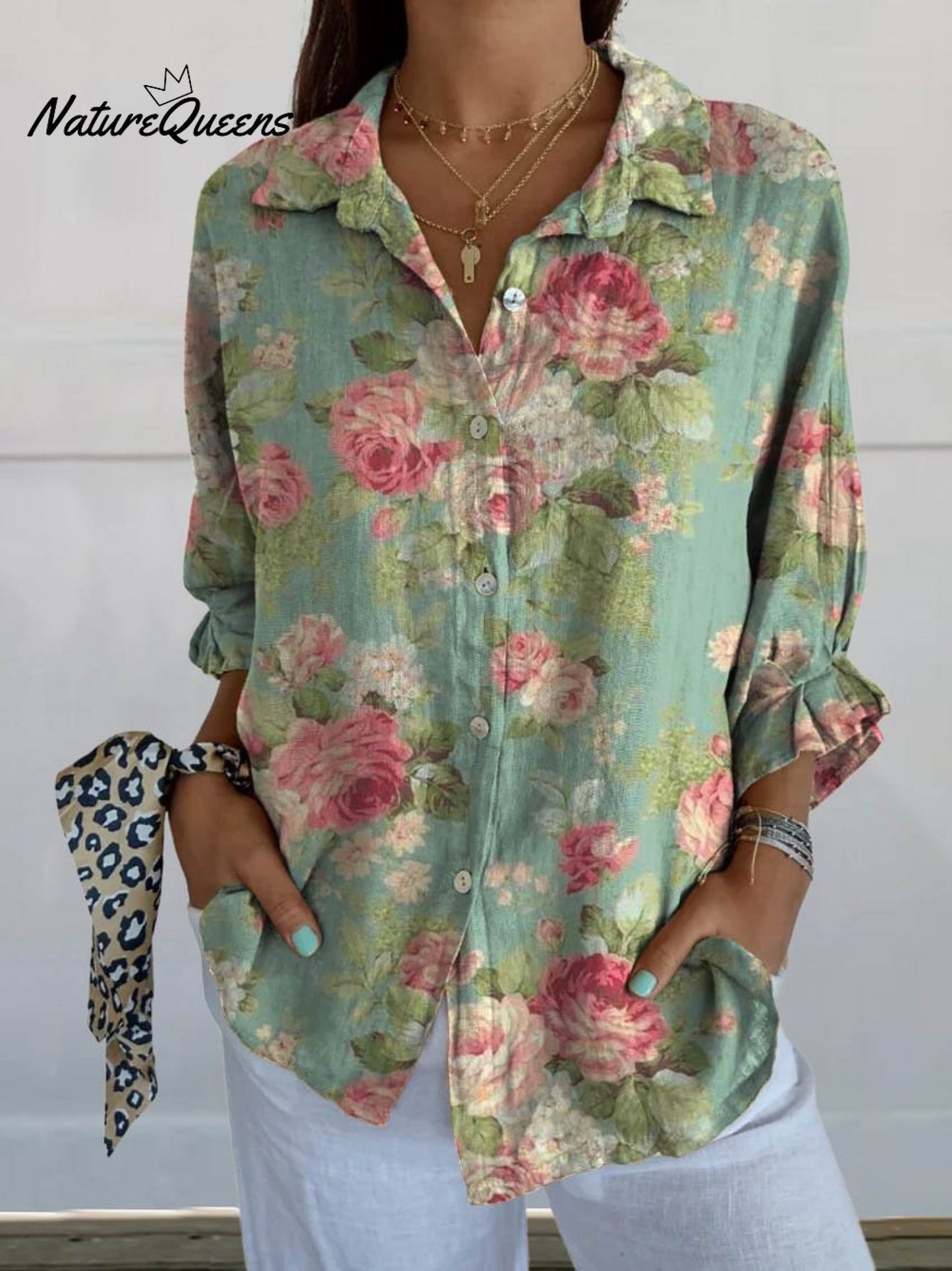 Ariela™ | Camisa de lino con cuello en V, informal, con estampado floral vintage