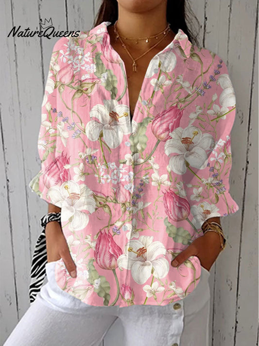 Talia™ | Camisa informal de lino con cuello en V y estampado floral