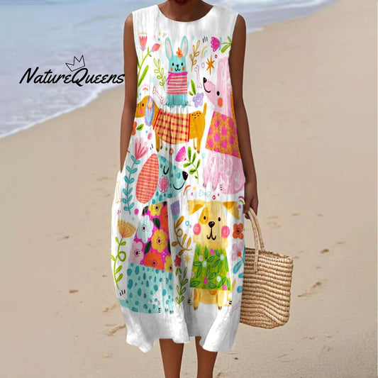 Rafaela™ | Vestido cruzado vintage de algodón con estampado de animales divertidos