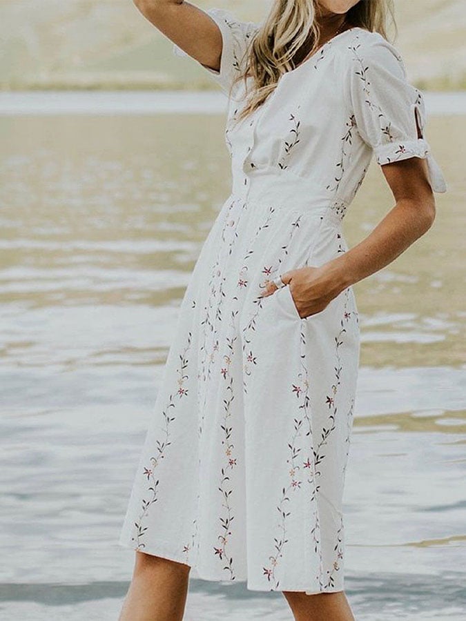 Domeka™ | Vestido Festivo Floral De Algodón y Lino