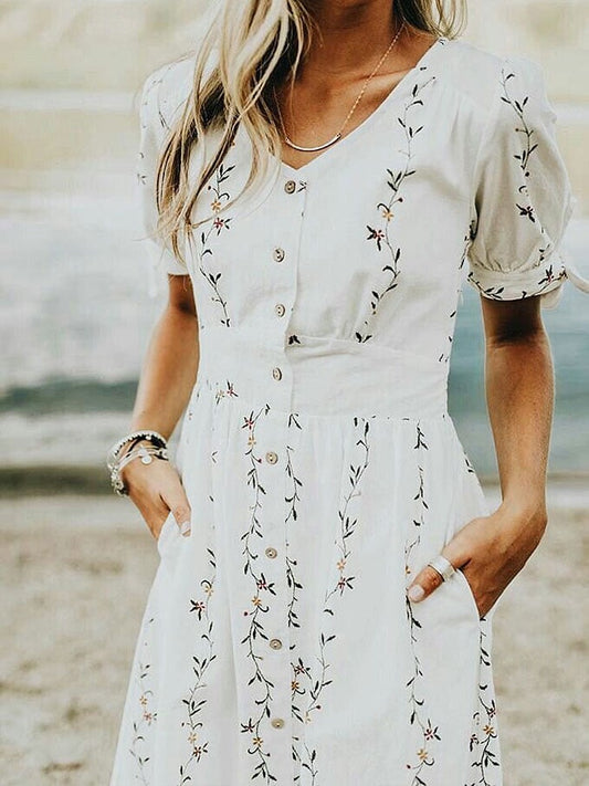 Domeka™ | Vestido Festivo Floral De Algodón y Lino