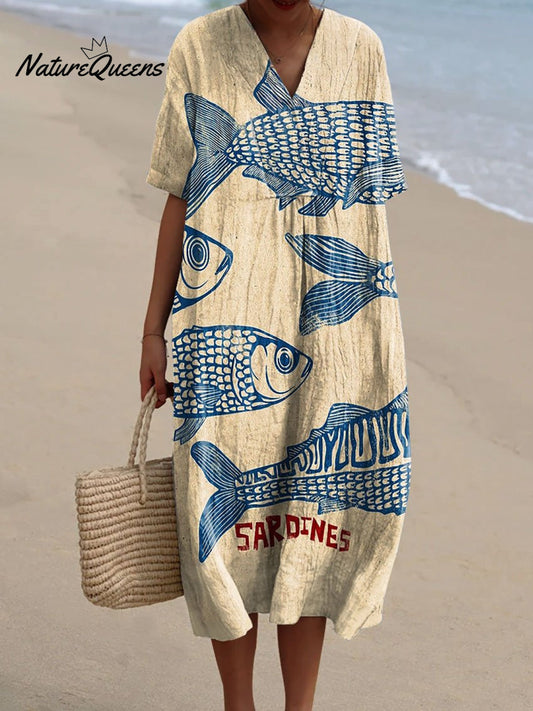 Dara™ | Vestido fluido con estampado artístico de sardinas