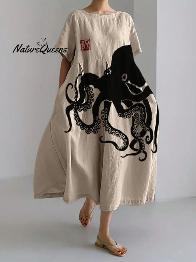 Tabita™ | Vestido informal holgado y elegante con estampado artístico de pulpo vintage para mujer