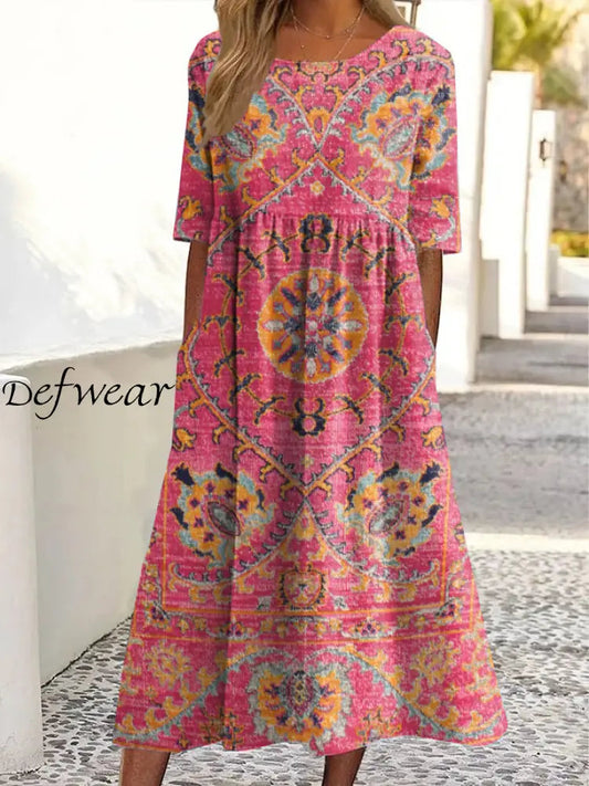 Febe™ | Vestidos vintage con estampado floral étnico y cuello redondo