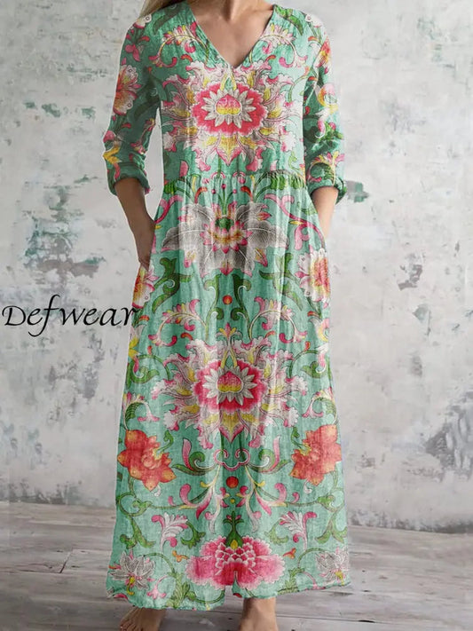 Kala™ | Vestido de lino y algodón con estampado vintage